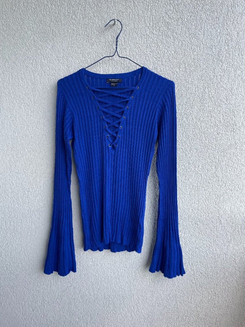 Marciano Blue Ribbed Lace-Up Top Bell Sleeve Stretch Knit, Size S